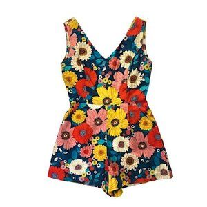Retro Romper Multicolour Floral Cotton Jersey Stretch Pockets Sleeveless